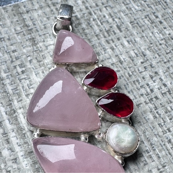 Elegant Pink Quartz Pendant Triple Stone With Red Crystal And Pearl Accents - Picture 5 of 7